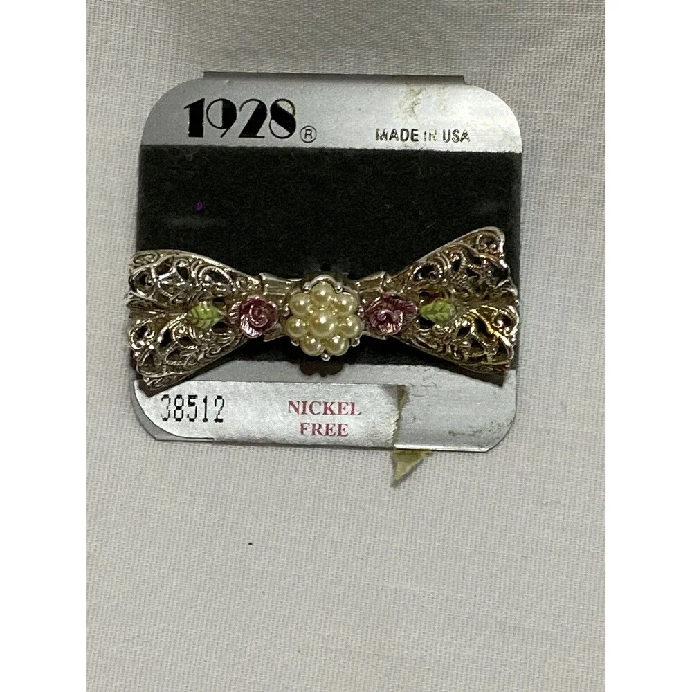 1928 Porcelain Rose Bow Gold Tone Filigree Brooch Pin Small  Vtg.